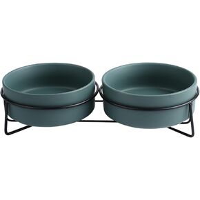 Elevated Dog Bowl Iron Frame 6-inch Ceramic Dog or Cat Food and Water Bowls Dual Feeder for Adult Cat or Medium Dog, Non-Slip Base (Double Bowl with Stand - White, 6“)
