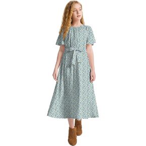 LaBeca Girls Elastic Crew Neck Butterfly Short Sleeve Midi Belted Dress with Pocket Wine 160Y