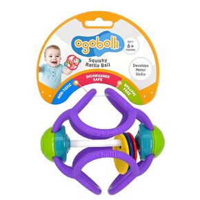 OgoBolli Teether Ring Tactile Sensory Ball and Baby Rattle Toy for Babies & Toddlers - Stretchy, Squishy, Soft, Non-Toxic Silicone - Boys and Girls Age 6+ Months - Purple