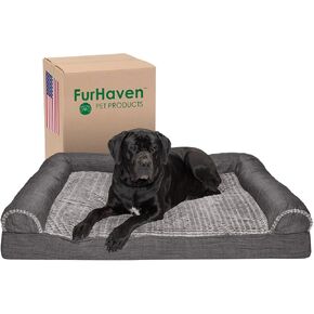 Furhaven Cooling Gel Dog Bed for Large Dogs w/ Removable Bolsters & Washable Cover, For Dogs Up to 125 lbs - Luxe Faux Fur & Performance Linen Sofa - Charcoal, Jumbo Plus/XXL