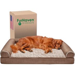 Furhaven Memory Foam Dog Bed for Large Dogs w/ Removable Bolsters & Washable Cover, For Dogs Up to 95 lbs - Luxe Faux Fur & Performance Linen Sofa - Woodsmoke, Jumbo/XL, 40.0"L x 32.0"W x 8.0"Th