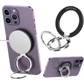 Magnetic Phone Finger Ring Holder Compatible with MagSafe Phone Grip, Adjustable Two-Sided Magnetic Phone Ring Kickstand for iPhone 15/14/13/12 Series & Android Devices. SZC- Black
