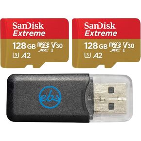 SanDisk MicroSDXC Extreme 128GB Memory Card (2 Pack) Compatible with DJI Mini 3, DJI Mini 3 pro, DJI RC (SDSQXA1-128G-GN6MN) UHS-I V30 A2 Bundle with 1 Everything But Stromboli Micro SD Card Reader