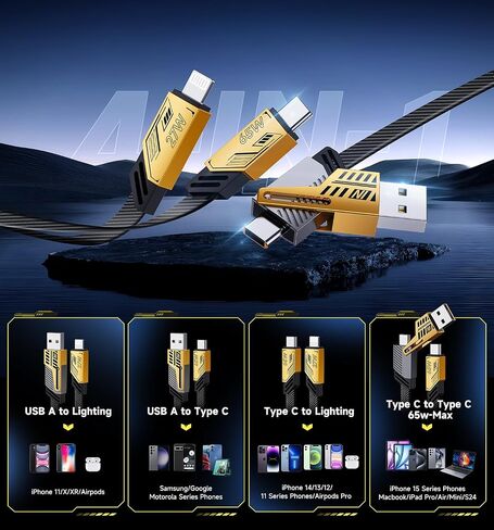 MAGIC JOHN 4 in 1 Charging Cable, 4Ft Universal Fast Charging Cable with USB A/Type C to Lighting/Type C 65W 27W PD, Multi Charging Cable, Nylon Braided, Compatible with iPhone iPad Android Laptop in Saudi Arabia