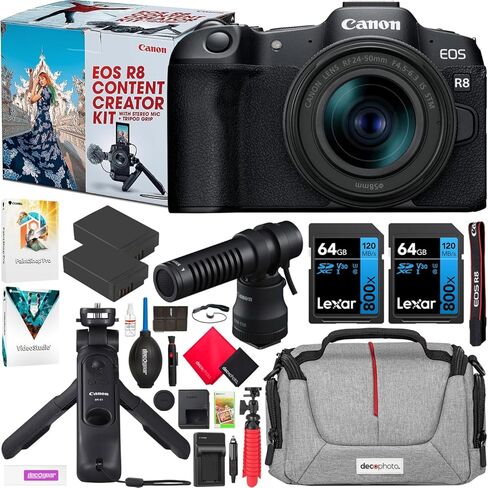 مجموعة أدوات إنشاء محتوى كاميرا Canon EOS R8 ذات الإطار الكامل بدون مرآة، بما في ذلك الهيكل + عدسة 24-50 مم + ميكروفون + مقبض حامل ثلاثي القوائم 5803C037 مع حقيبة معدات ديكو + بطاريتين + 2 بطاقة ذاكرة سعة 64 جيجابايت وملحقاتها in Saudi Arabia