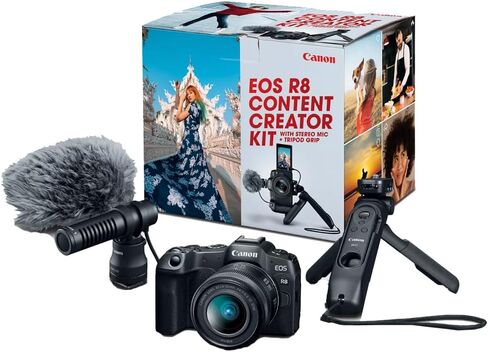 مجموعة أدوات إنشاء محتوى كاميرا Canon EOS R8 ذات الإطار الكامل بدون مرآة، بما في ذلك الهيكل + عدسة 24-50 مم + ميكروفون + مقبض حامل ثلاثي القوائم 5803C037 مع حقيبة معدات ديكو + بطاريتين + 2 بطاقة ذاكرة سعة 64 جيجابايت وملحقاتها in Saudi Arabia
