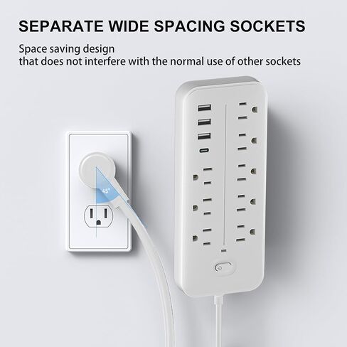 4-Foot Surge Proof Power Extension Cord Plug with USB-C Connector, Flat Plugs with Long Cables, 8 Jacks and 3 USB and 1 USB-C Ports for Home Office Desktop Charging Station Surge Protector (White) in Saudi Arabia