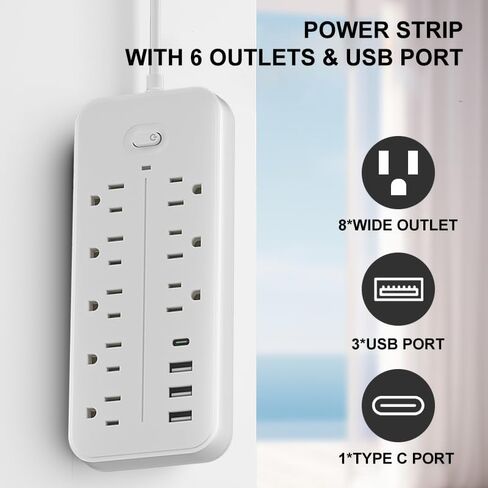 4-Foot Surge Proof Power Extension Cord Plug with USB-C Connector, Flat Plugs with Long Cables, 8 Jacks and 3 USB and 1 USB-C Ports for Home Office Desktop Charging Station Surge Protector (White) in Saudi Arabia