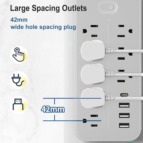 4-Foot Surge Proof Power Extension Cord Plug with USB-C Connector, Flat Plugs with Long Cables, 8 Jacks and 3 USB and 1 USB-C Ports for Home Office Desktop Charging Station Surge Protector (White) in Saudi Arabia
