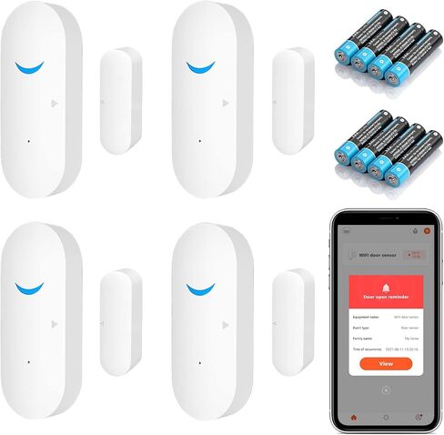 Smart Door Sensor Alarm Wireless, WiFi Door Window Detector with 8 Batteries, Smart Linkage Window Door Contact Sensor for Home Security Compatible with Alexa/Google Assistant, No Hub Required, 4 Pack in Saudi Arabia