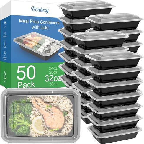 50 Pack (100-Piece) 24 oz Meal Prep Containers Reusable with Lids, Sturdy Leakproof & Food Safe, Microwave, Freezer, Dishwasher Safe Food Prep Containers, To Go Take Out Plastic Food Storage in Saudi Arabia