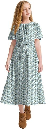 LaBeca Girls Elastic Crew Neck Butterfly Short Sleeve Midi Belted Dress with Pocket Wine 160Y in Saudi Arabia