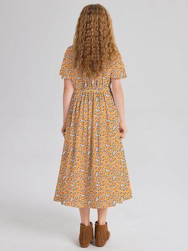 LaBeca Girls Elastic Crew Neck Butterfly Short Sleeve Midi Belted Dress with Pocket Wine 160Y in Saudi Arabia