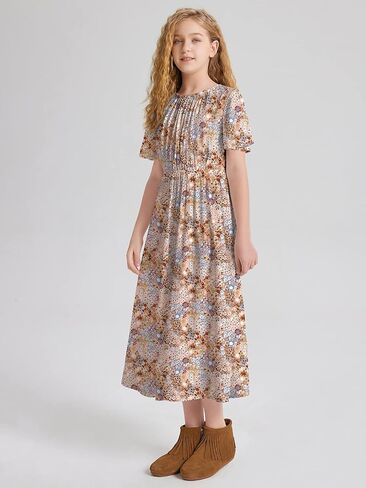 LaBeca Girls Elastic Crew Neck Butterfly Short Sleeve Midi Belted Dress with Pocket Wine 160Y in Kuwait