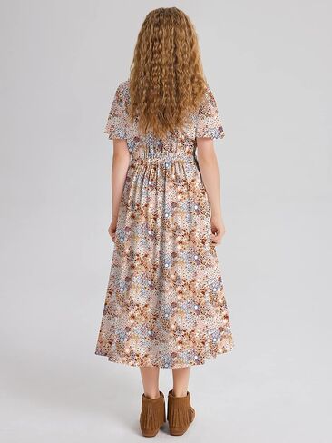 LaBeca Girls Elastic Crew Neck Butterfly Short Sleeve Midi Belted Dress with Pocket Wine 160Y in Kuwait