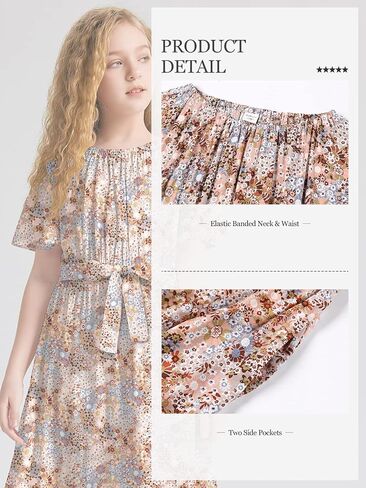 LaBeca Girls Elastic Crew Neck Butterfly Short Sleeve Midi Belted Dress with Pocket Wine 160Y in Kuwait