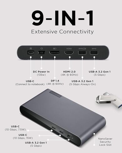 Lenovo Docking Station USB-C Universal Business Dock 40B30090TA Bundle w/DKZ USB Port Expander, Supports Dual Display at 4K (1 DP & 1 HDMI), 7 Ports, Windows Compatible, Storm Gray Color in Saudi Arabia