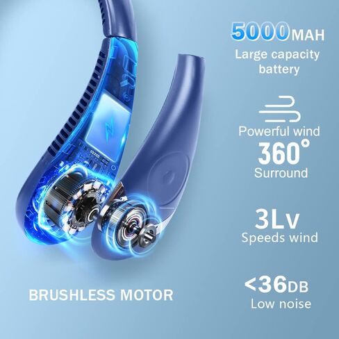 Portable Bladeless Neck Fan, 5000mah Foldable Personal Neck Fans, Rechargeble Hands Free Wearable Fan, Battery Operated Hanging Neckband Fan for Outdoors Women Kids in Saudi Arabia
