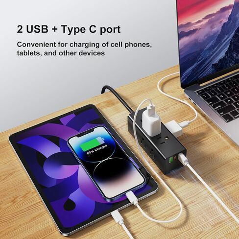 واقي من زيادة التيار الكهربائي، سلك تمديد بطول 4 أقدام، 6 منافذ مع 3 منافذ USB (منفذ USB C واحد)، موسع منفذ ثلاثي الجوانب، مثبت على الحائط، صغير الحجم للسفر والمنزل والمدرسة وغرفة النوم الجامعية والمكتب (أسود) in Saudi Arabia