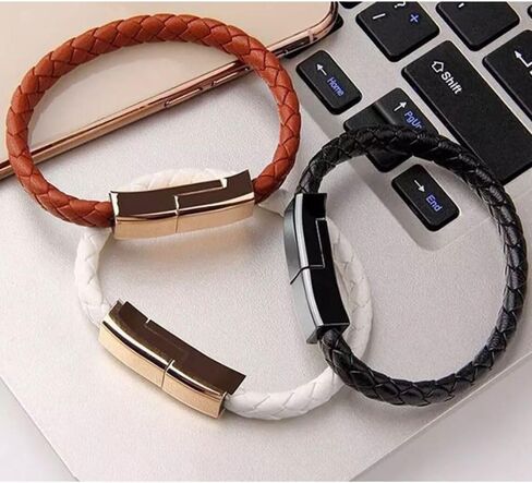 USB - كابل شاحن سوار جلدي مضيء سلك مضفر USB شاحن سفر محمول للرجال والنساء لهاتف iPhone. هدية لطيفة لصديقك، صديقة/سوار أنيق المظهر (أبيض) in Kuwait