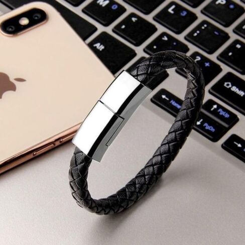 USB - كابل شاحن سوار جلدي مضيء سلك مضفر USB شاحن سفر محمول للرجال والنساء لهاتف iPhone. هدية لطيفة لصديقك، صديقة/سوار أنيق المظهر (أبيض) in Kuwait