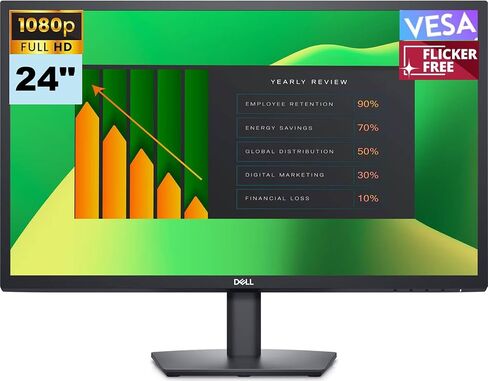 شاشة Dell مقاس 24 بوصة FHD VA (1920x1080) 60 هرتز خالية من الوميض، شاشة مضادة للتوهج، 1 x DisplayPort، 1 x VGA، حامل VESA (100x100 مم)، مثالية للمنزل والأعمال، لون أسود (أحدث طراز 2024) in Saudi Arabia