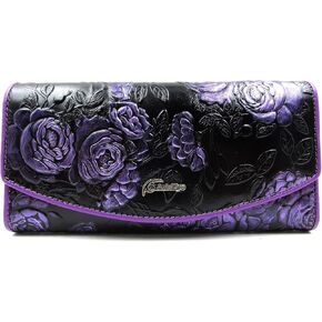 ArtsEye Roses Embossed Genuine Leather Trifold Wallet Purse (Purple)