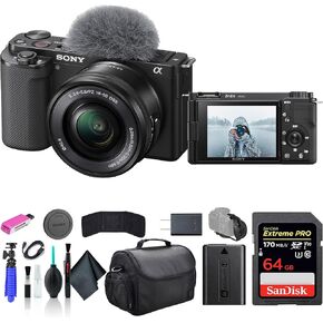 Sony ZV-E10 Mirrorless Camera with 16-50mm Lens Black ILCZV-E10L/B, 64GB Memory Card, Bag, Card Reader, HDMI Cable, Flex Tripod, Hand Strap, Memory Card Wallet, Cleaning Kit