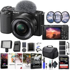 Sony ZV-E10 Mirrorless Camera with 16-50mm Lens Black ILCZV-E10L/B, 64GB Memory Card, Filter Kit, LED Light, External Charger, 2 x NPF-W50 Battery, Card Reader, and More