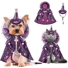 Pet Halloween Costume with Hat, Dog Cobweb Tulle Cape Sparkly Cat Wizard Cloak for Small Puppy Kitten Animal Cosplay Outfit (Purple, SM)
