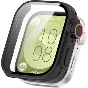 Disscool Full Coverage Case with Screen Protector Compatible with Huawei Watch Fit 3, PC and Real Glass Protective Case Cover Smart Watch Accessories(PC/Black)
