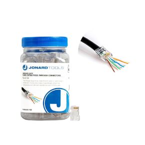 Jonard Tools RJ456AUS-100 CAT7 Unshielded RJ45 Passthrough Connector for CAT6e, CAT6A, and CAT7 Network Cables (Pack of 100)