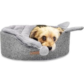 Oval Pet Beds for Cats and Small Dogs, Snuggery Pet Bed with Attached Blanket, Hooded Bolster Bed, Ultra Soft Short Plush, Washable High Resilience PP Cotton, and More (Small, Gray)
