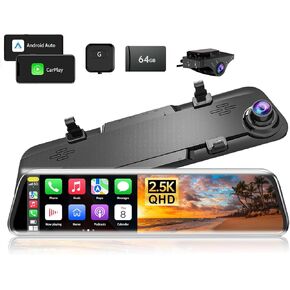 2.5K Mirror Dash Cam with Carplay Mirror & Android Auto, Dash Cam Front and Rear with Zoom Function,12 inches Rear View Mirror Camera with Voice Control/BT Call/64GB Card Included-JOMISE K17 Pro