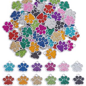 Framendino, 60 Pack Personalized Dog Tags Blank Pet ID Tags Paw Shape Custom Glitter Pet Tag Cute Metal Cat DIY Engraved Puppy Name Dogs Pets Tag Stamping Laser Blanks Pendant Charm for Jewelry Making