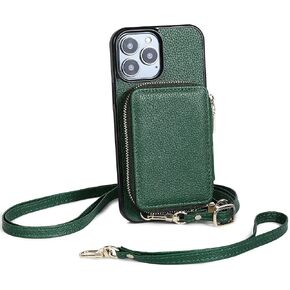 for iPhone 16 Pro Crossbody Wallet Case,Zipper Phone Case with RFID Blocking Card Holder Wrist Strap Purse Cover Gift for Women Compatible with iPhone 16 Pro 6.3",Green