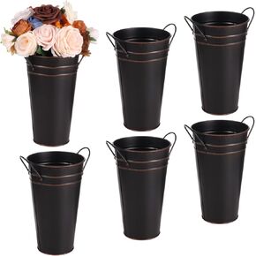 6 Pcs White Flower Buckets, Galvanized Metal Vases,9.8 Inches Flower Vase with Handles, French Flower Bucket，Rustic Farmhouse Vases for Home Decor Wedding Table Centerpiece