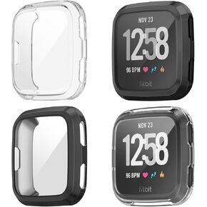 Vanjua Compatible with Fitbit Versa Screen Protector Case, [4 PACK] Soft TPU Full Around Protective Cover Bumper for Fitbit Versa Smartwatch Accessories (Black+NavyBlue+Gray+Clear)