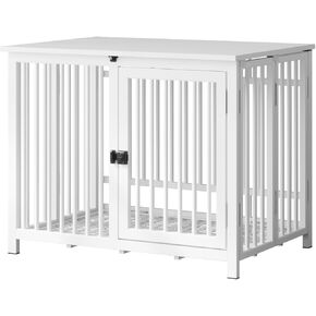 Heavy Duty Dog Crate Furniture, Fully Assembled exc. Locks, All Metal Frame & Wooden Tabletop, Modern Kennel for Small/Medium Dog, End Table, Sturdy, Foldable, White