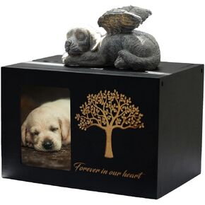 Pet Urn for Dog Ashes,Dog Keepsake, Wooden Dog Memorial Box Urn with Photo Frame, Resin Angel Dog and Ashes Bag