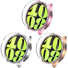 3 Packs for Galaxy Watch 7 40mm Case, Bling Diamonds Cover with HD Tempered Glass Screen Film Protective Fit for Samsung Galaxy Watch 7 40mm, (3 Packs, Rose Gold/Pink/Silver)