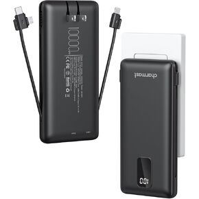Charmast Portable Charger with Built-in Cables & Wall Plug, 10000mAh Portable Power Bank, External Battery Pack Travel Essentials Compatible with iPhone 16/15/14/13, Samsung, iPad etc