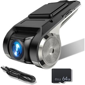 METEESER USB Car DVR Camera Video Recorder, USB Dash Cam, WDR Full HD Dash Camera Car Driving Recorder with 64GB Micro SD Card, Wide Angle, Loop Recording Night Vision ADAS 24Hours Monitor