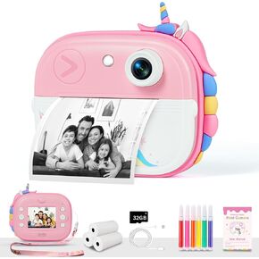 Kids Camera Instant Print, Christmas Birthday Gifts for Girls Age 3-12, Ideal Toy for 3 4 5 6 7 8 9 10 Years Old Girls Boys, Toddler Camera Toys with 3 Rolls Print Paper & 32GB Card (Pink)