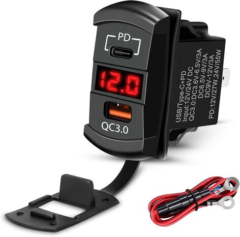 Linkstyle USB Rocker Switch Outlet for Car, 55W PD USB-C & 36W QC3.0 USB-A Port Charger Socket, Voltmeter, Waterproof, Red in Saudi Arabia