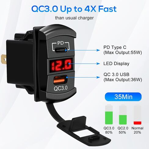 Linkstyle USB Rocker Switch Outlet for Car, 55W PD USB-C & 36W QC3.0 USB-A Port Charger Socket, Voltmeter, Waterproof, Red in Saudi Arabia