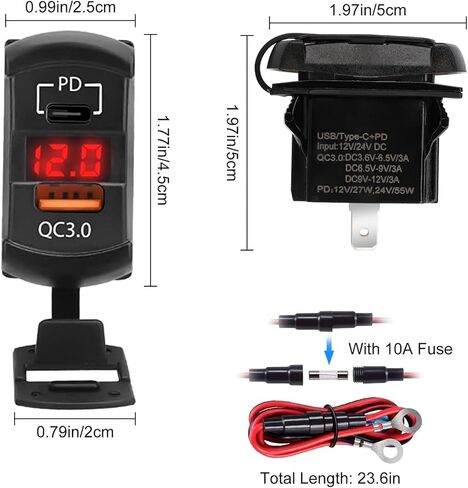 Linkstyle USB Rocker Switch Outlet for Car, 55W PD USB-C & 36W QC3.0 USB-A Port Charger Socket, Voltmeter, Waterproof, Red in Saudi Arabia