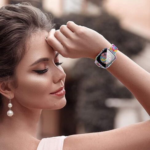 Compatible with Apple Watch Series 9 8 7 41mm 45mm Floral Hard PC Case Tempered Glass Screen Protector Cover Resistant Impact Resistant Protective Case for Apple Watch 45mm 41mm (45mm, Flowers 6) in Saudi Arabia