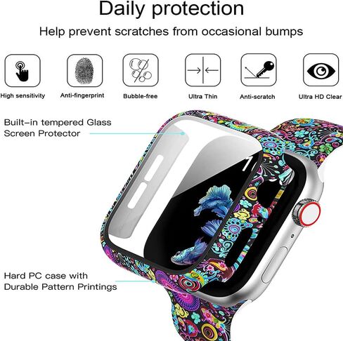 Compatible with Apple Watch Series 9 8 7 41mm 45mm Floral Hard PC Case Tempered Glass Screen Protector Cover Resistant Impact Resistant Protective Case for Apple Watch 45mm 41mm (45mm, Flowers 6) in Saudi Arabia