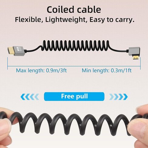 RIIEYOCA 4K Short Mini HDMI to HDMI Coiled Cable, 90 Degree Left Angle HDMI Male to Mini HDMI Male Cable,18Gbps High Speed HDMI 2.0 Support 4K@60Hz,Compatible with Cameras,Monitors (3FT/0.9M) in Kuwait